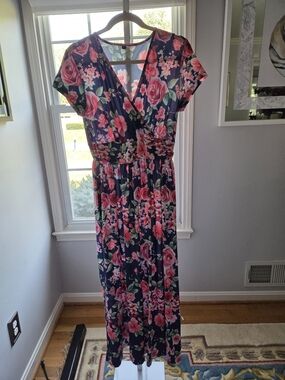 Amazon Floral Wrap Maxi Dress - Navy with Pink Roses and Green Leaves